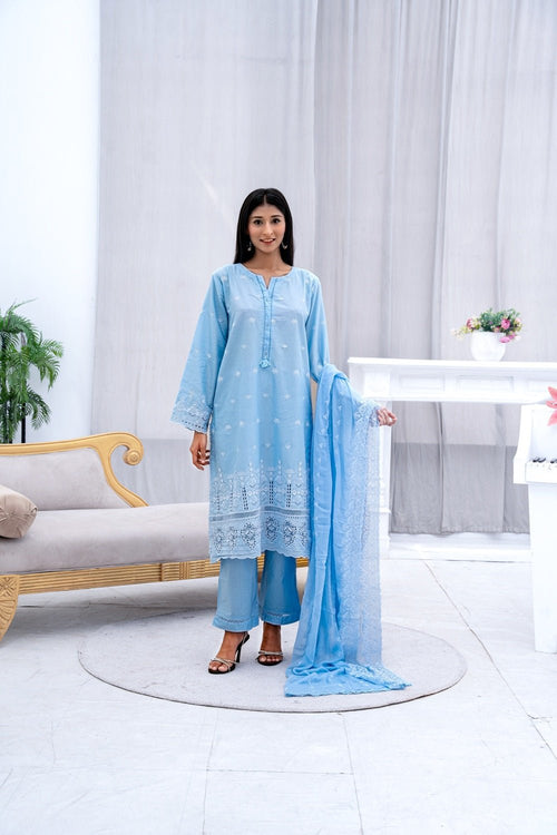 Azure Grace Embroidered Suit - Sami Fabrics