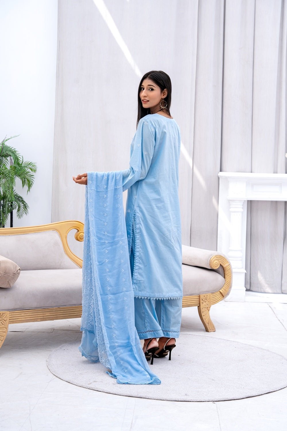 Azure Grace Embroidered Suit - Sami Fabrics