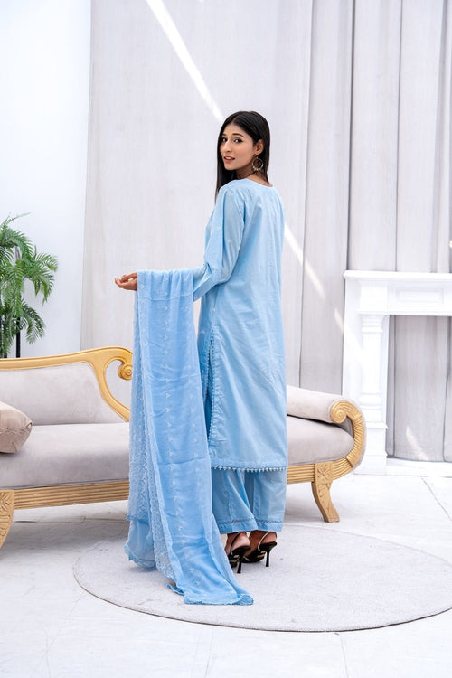 Azure Grace Embroidered Suit - Sami Fabrics