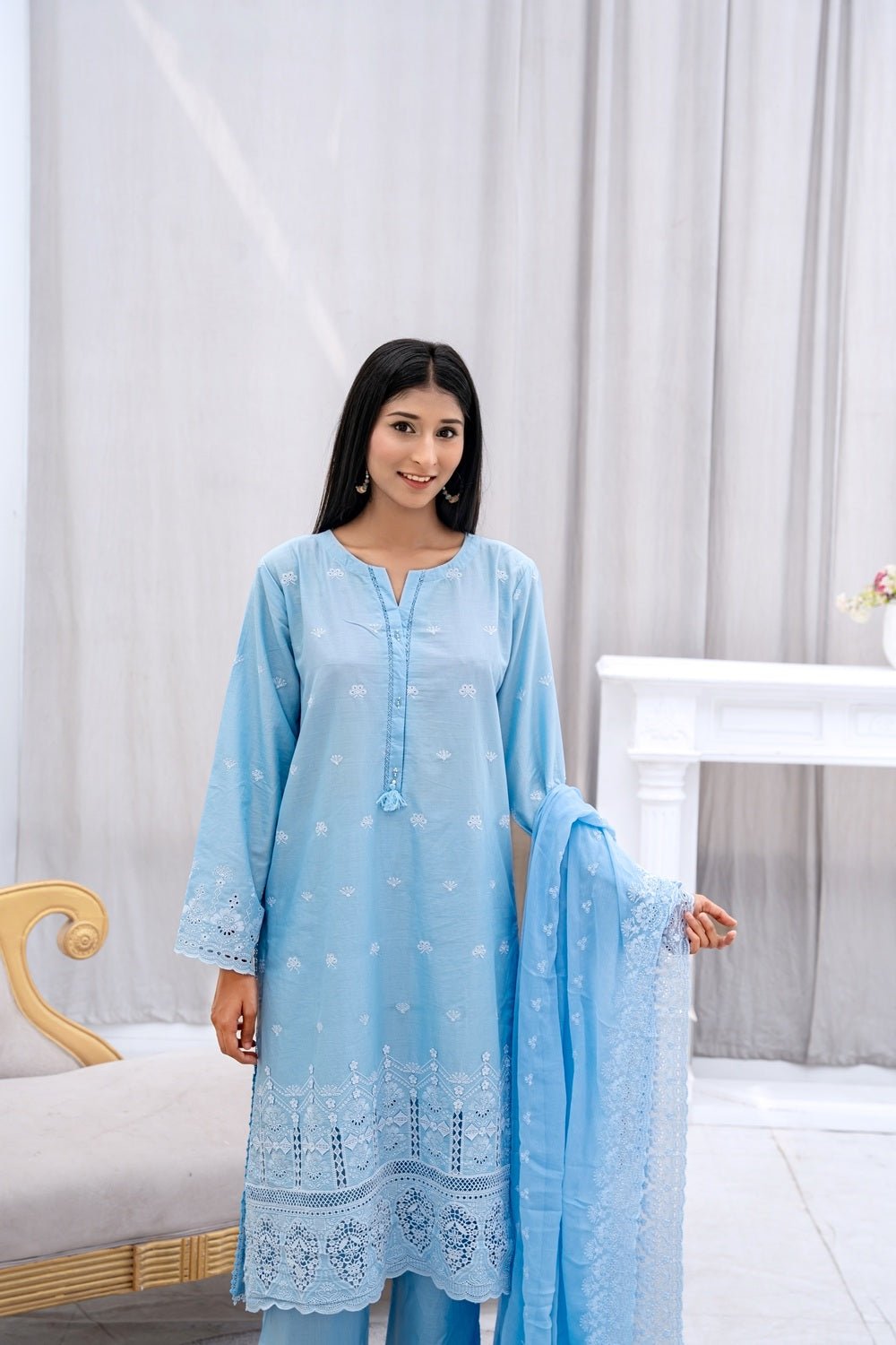 Azure Grace Embroidered Suit - Sami Fabrics