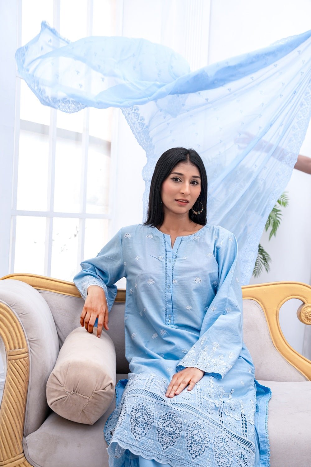 Azure Grace Embroidered Suit - Sami Fabrics