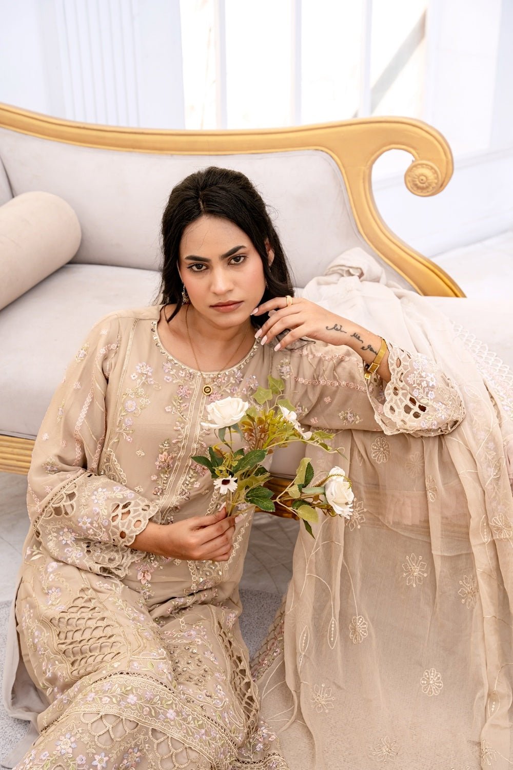 Champagne Royale Embroidered Suit - Sami Fabrics