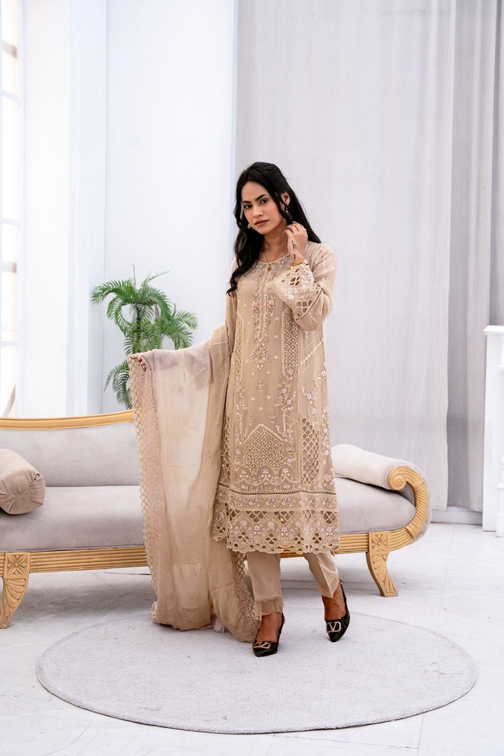 Champagne Royale Embroidered Suit - Sami Fabrics