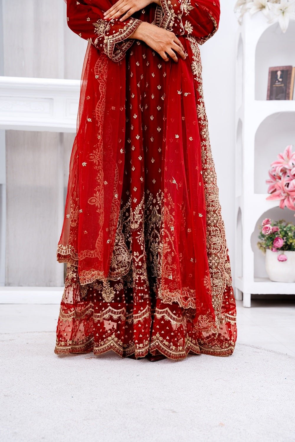 Elegant Red Festive Maxi Dress with Dupatta - Sami Fabrics