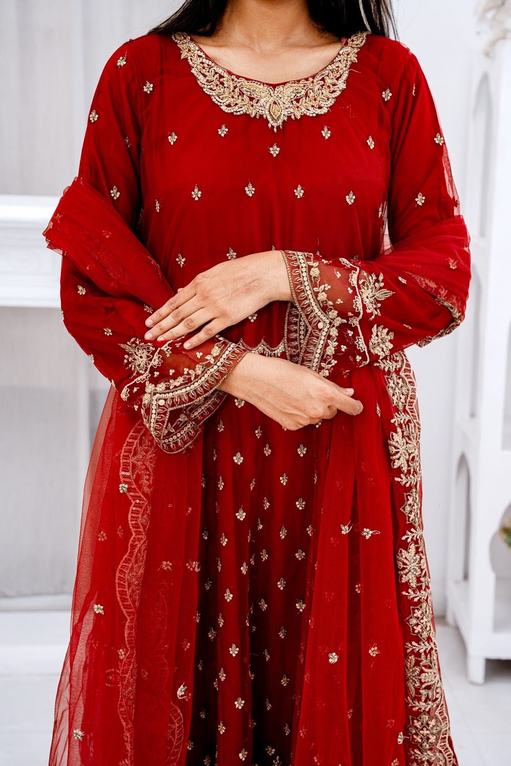 Elegant Red Festive Maxi Dress with Dupatta - Sami Fabrics
