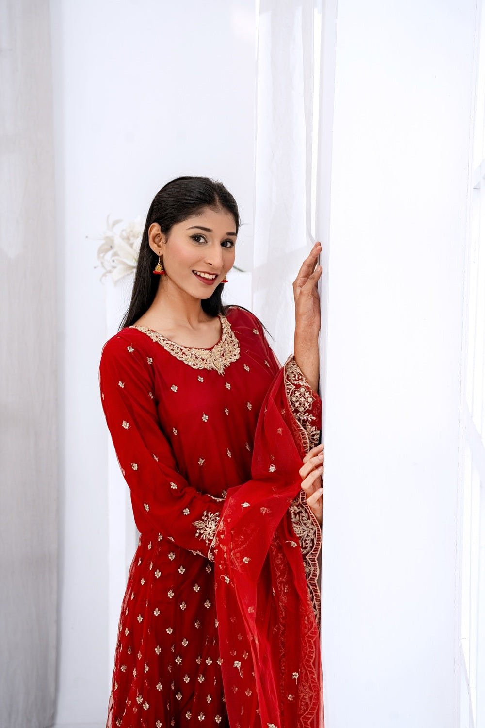 Elegant Red Festive Maxi Dress with Dupatta - Sami Fabrics