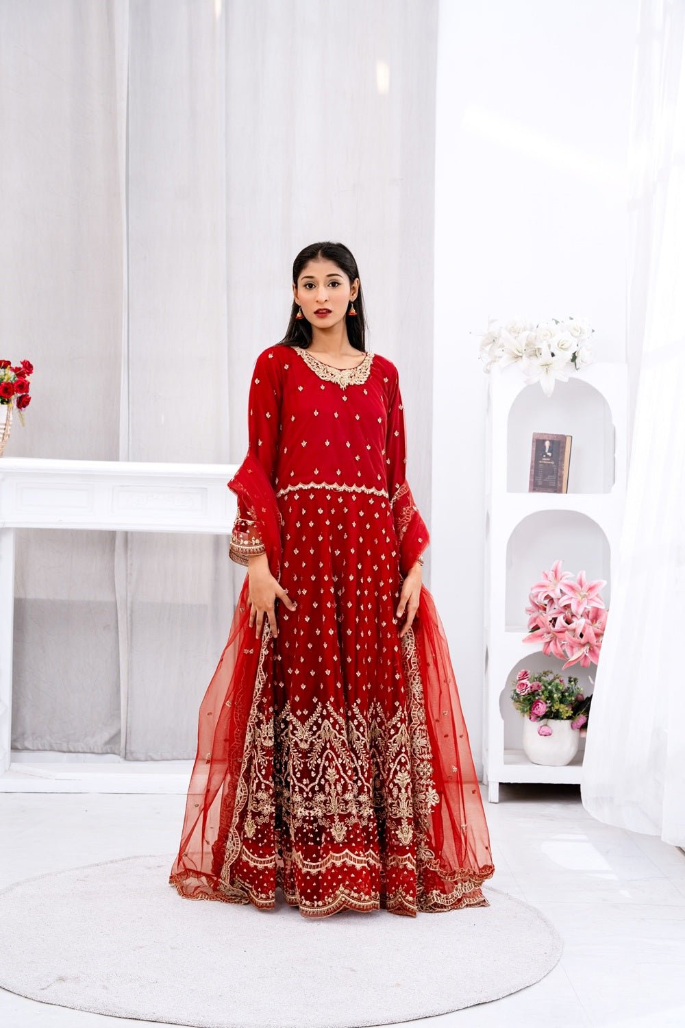 Elegant Red Festive Maxi Dress with Dupatta - Sami Fabrics