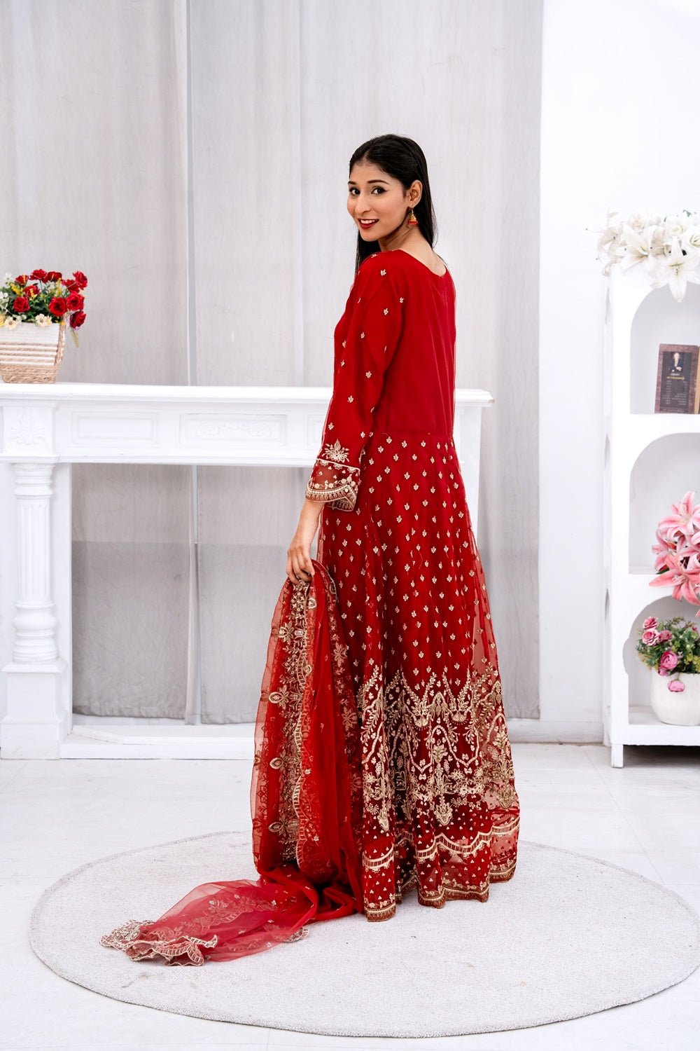 Elegant Red Festive Maxi Dress with Dupatta - Sami Fabrics