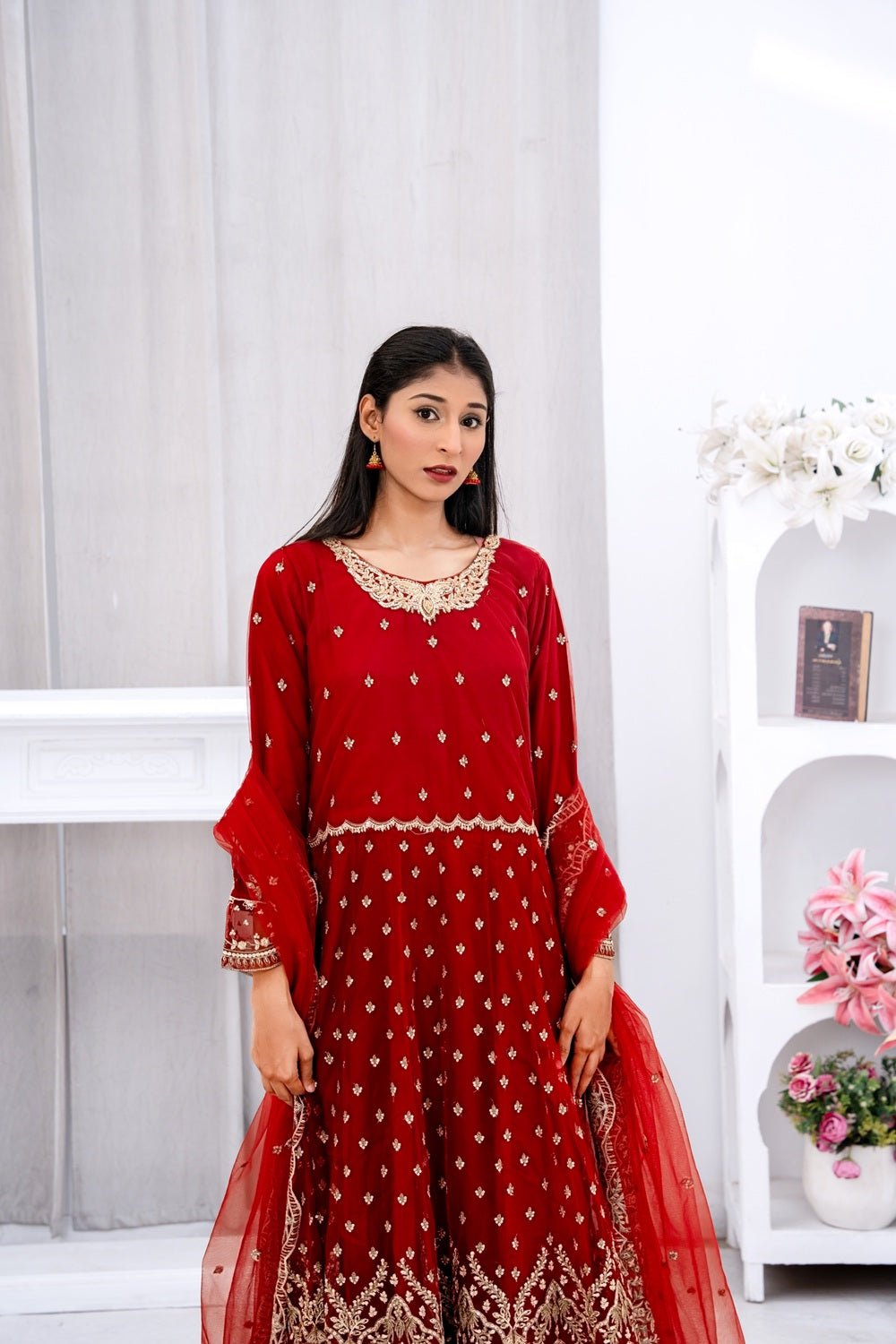 Elegant Red Festive Maxi Dress with Dupatta - Sami Fabrics