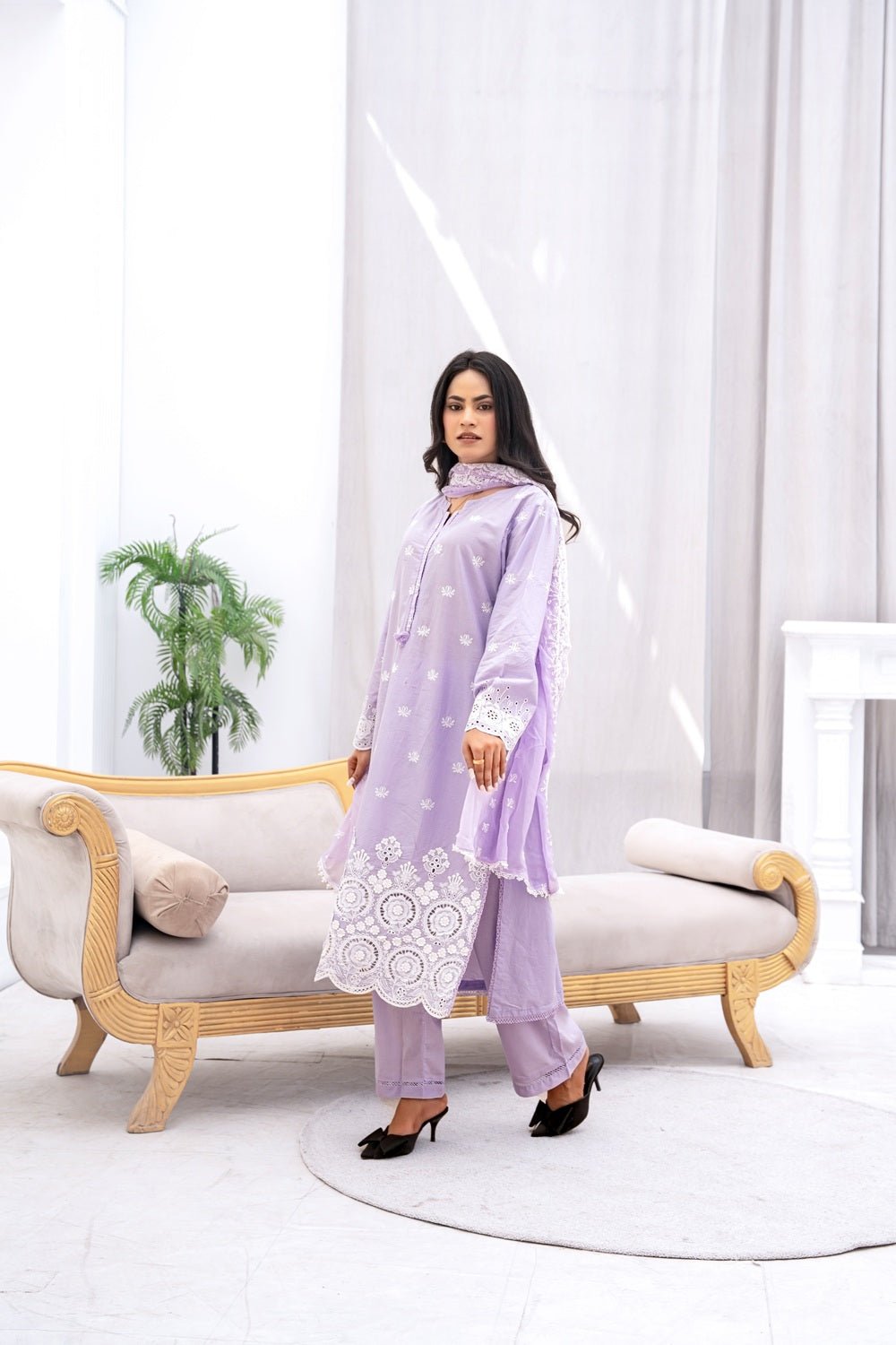 Noor Lavender Embroidered Dress - Sami Fabrics