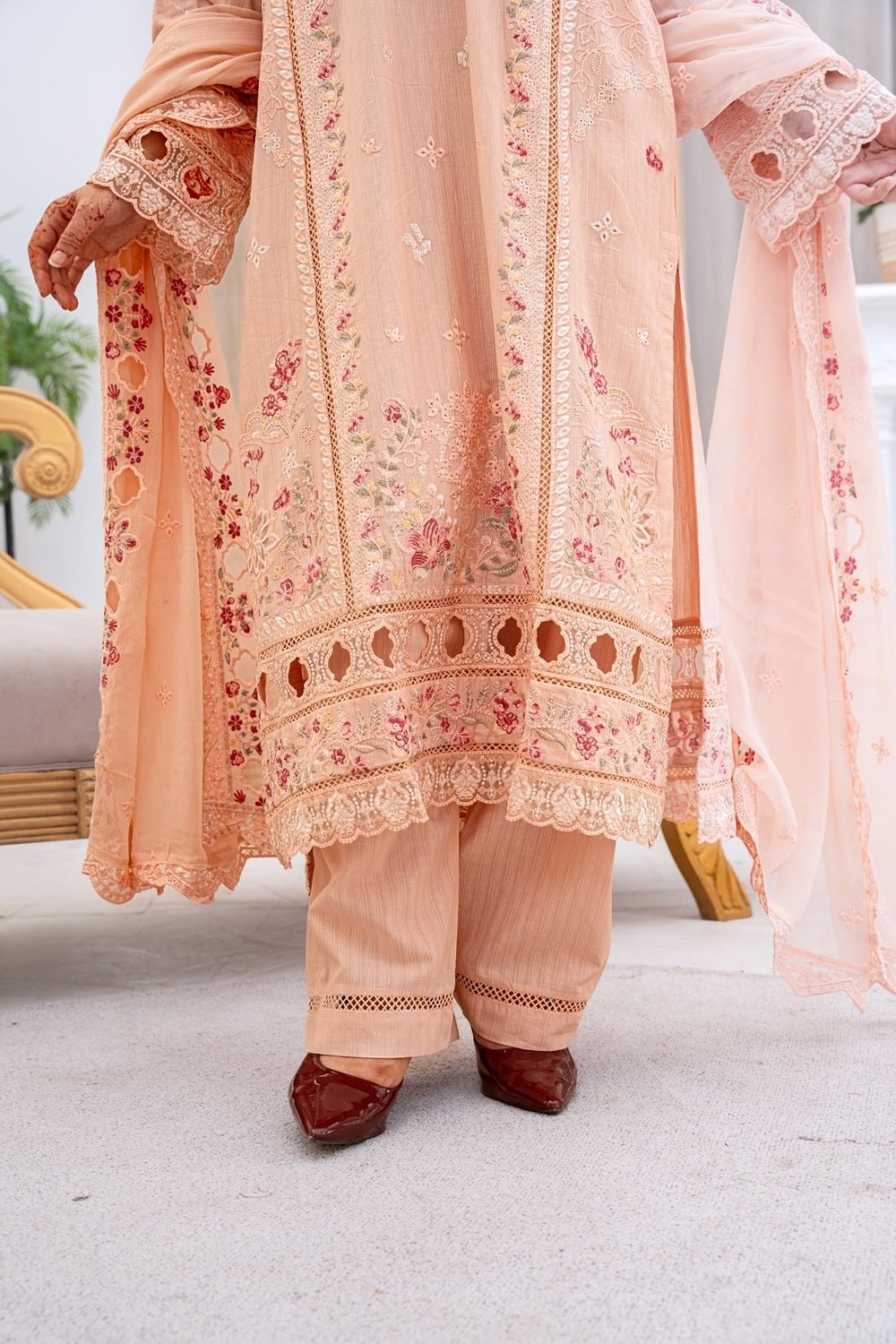 Peach Pearl Embroidered Outfit - Sami Fabrics