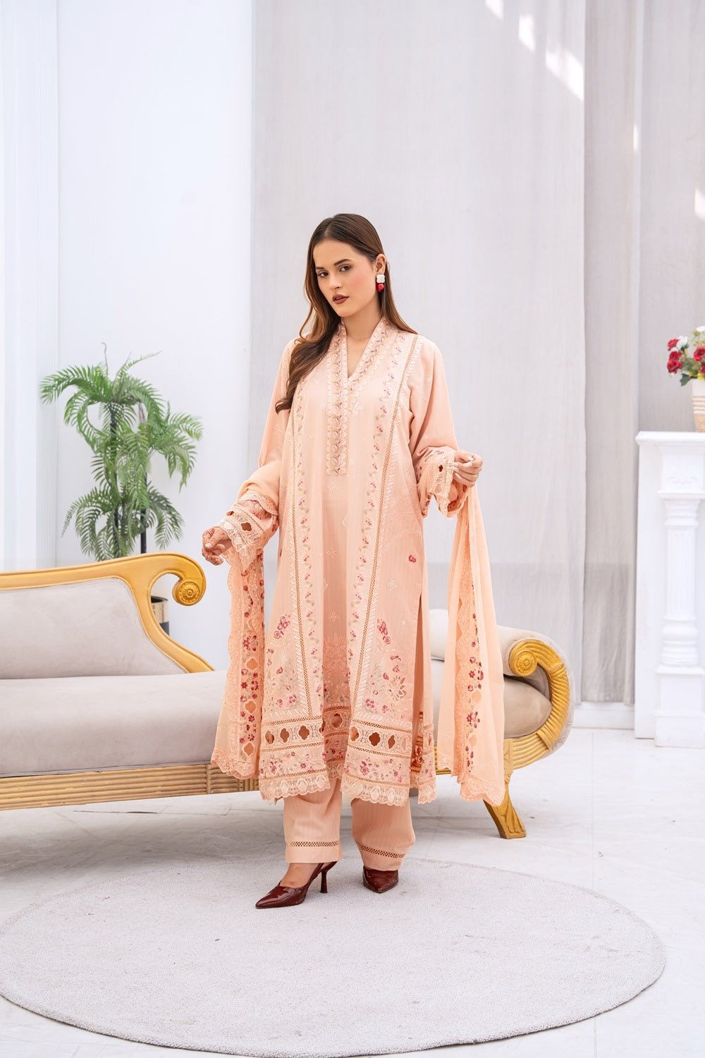 Peach Pearl Embroidered Outfit - Sami Fabrics
