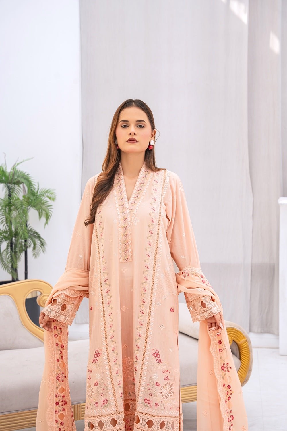 Peach Pearl Embroidered Outfit - Sami Fabrics