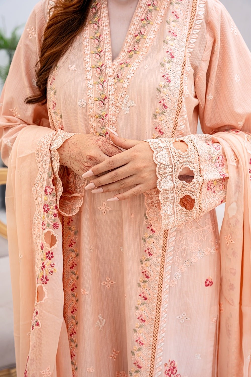 Peach Pearl Embroidered Outfit - Sami Fabrics