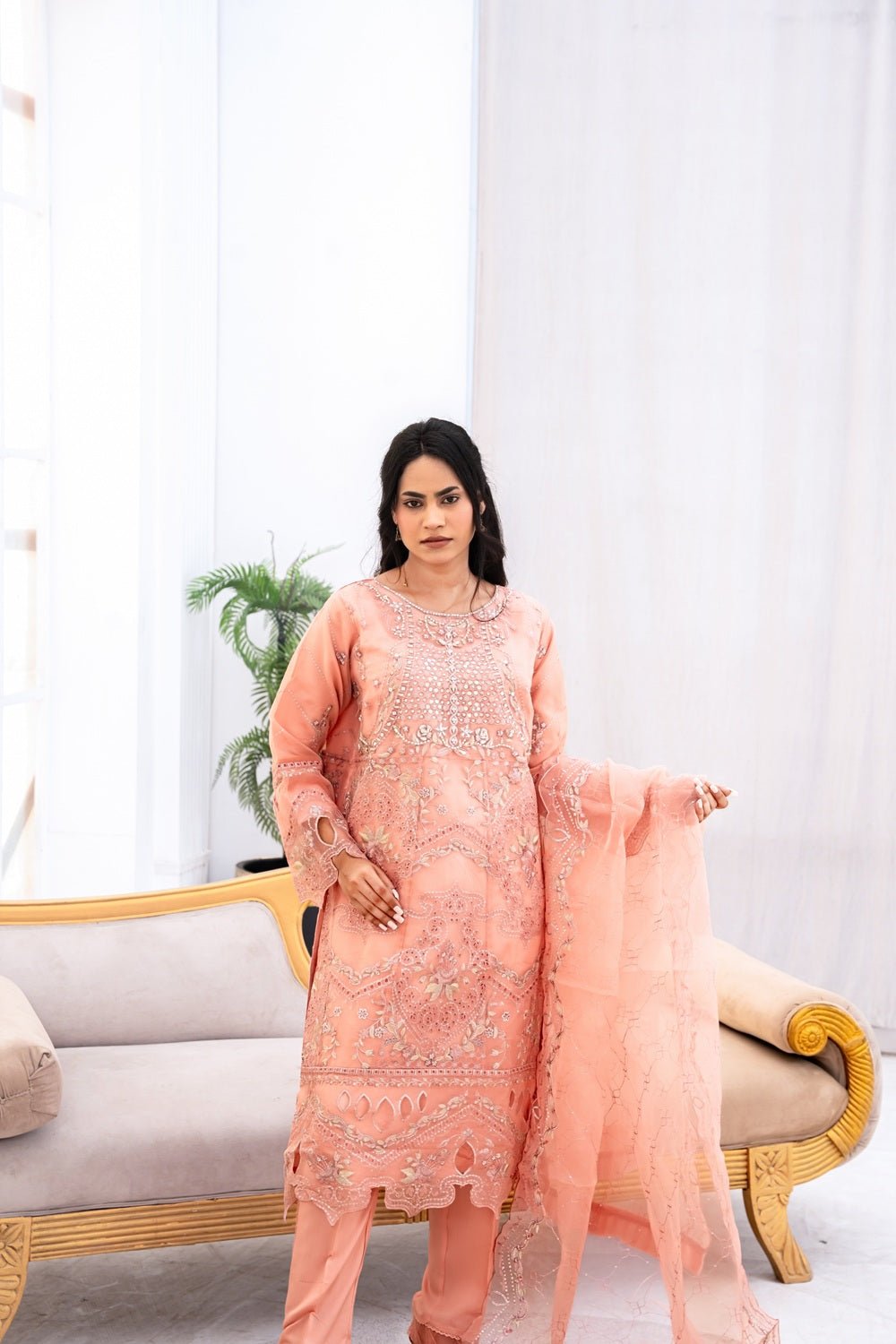 Peach Royale Embroidered Suit - Sami Fabrics