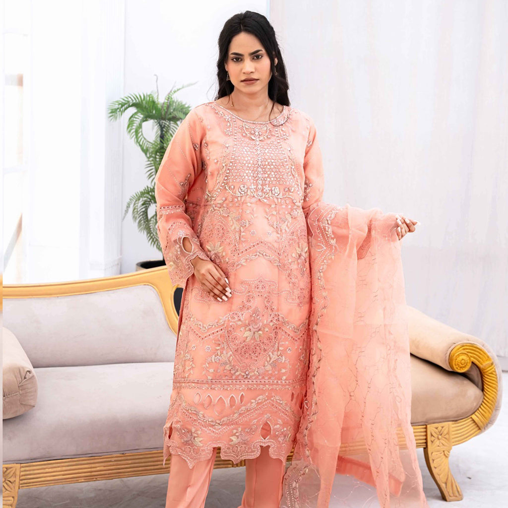 Peach Royale Embroidered Suit - Sami Fabrics