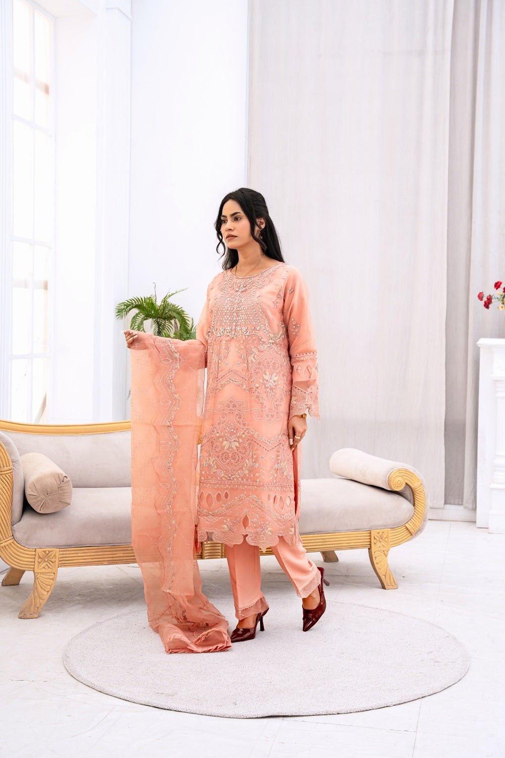 Peach Royale Embroidered Suit - Sami Fabrics