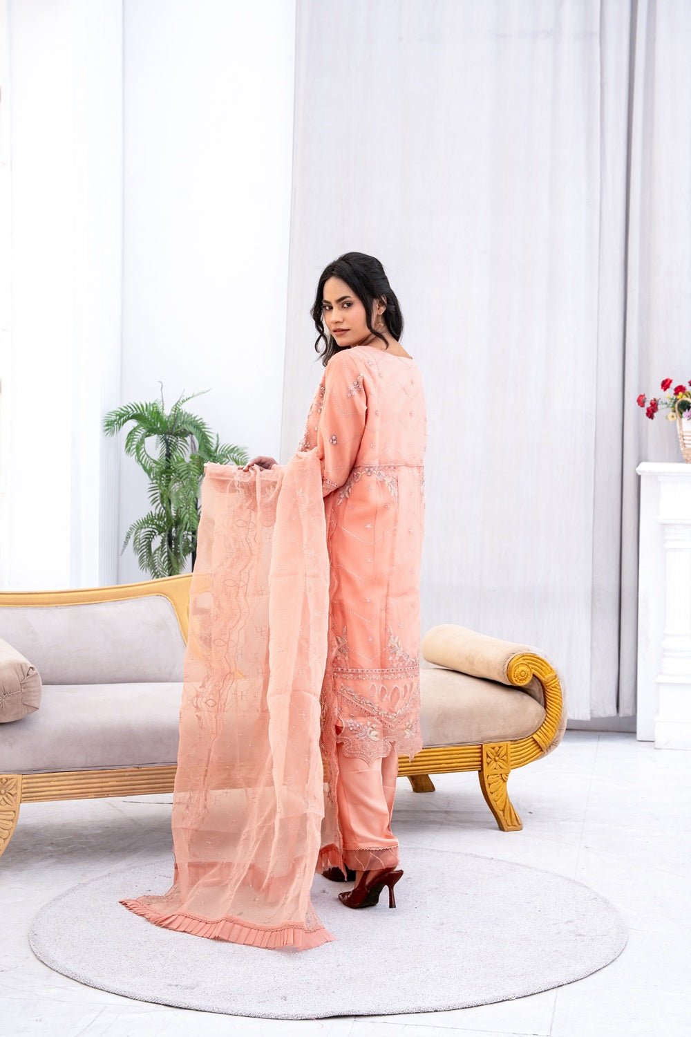 Peach Royale Embroidered Suit - Sami Fabrics