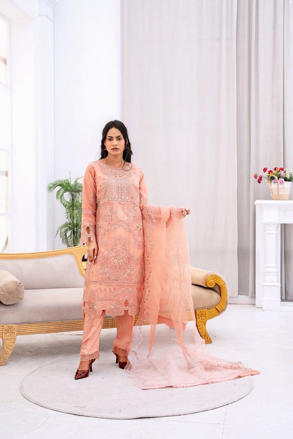 Peach Royale Embroidered Suit - Sami Fabrics