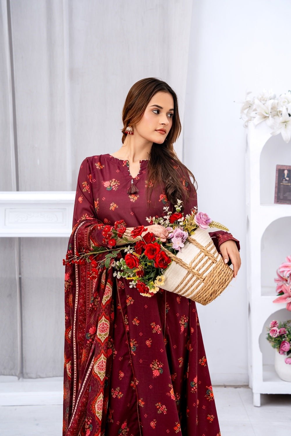 Royal Burgundy Floral Lawn Suit - Sami Fabrics