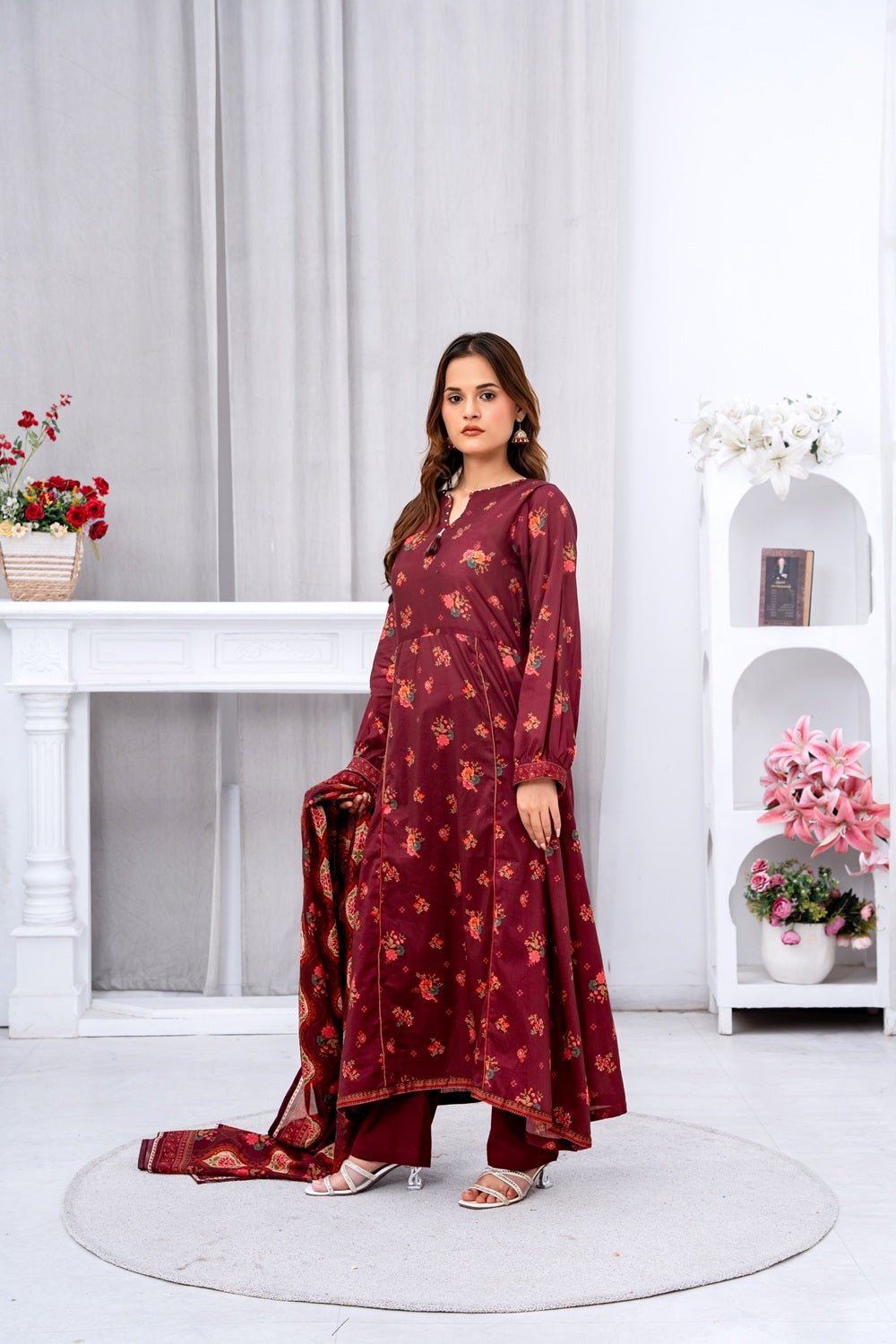 Royal Burgundy Floral Lawn Suit - Sami Fabrics