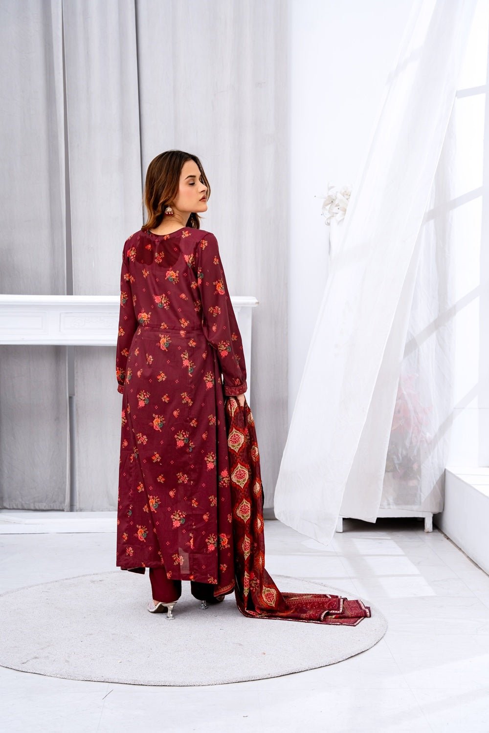 Royal Burgundy Floral Lawn Suit - Sami Fabrics
