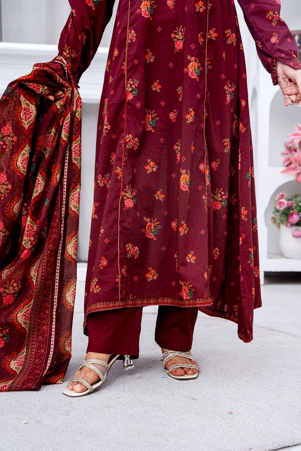 Royal Burgundy Floral Lawn Suit - Sami Fabrics