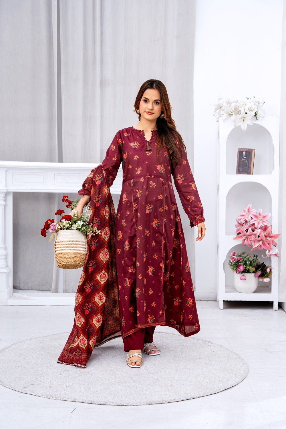 Royal Burgundy Floral Lawn Suit - Sami Fabrics