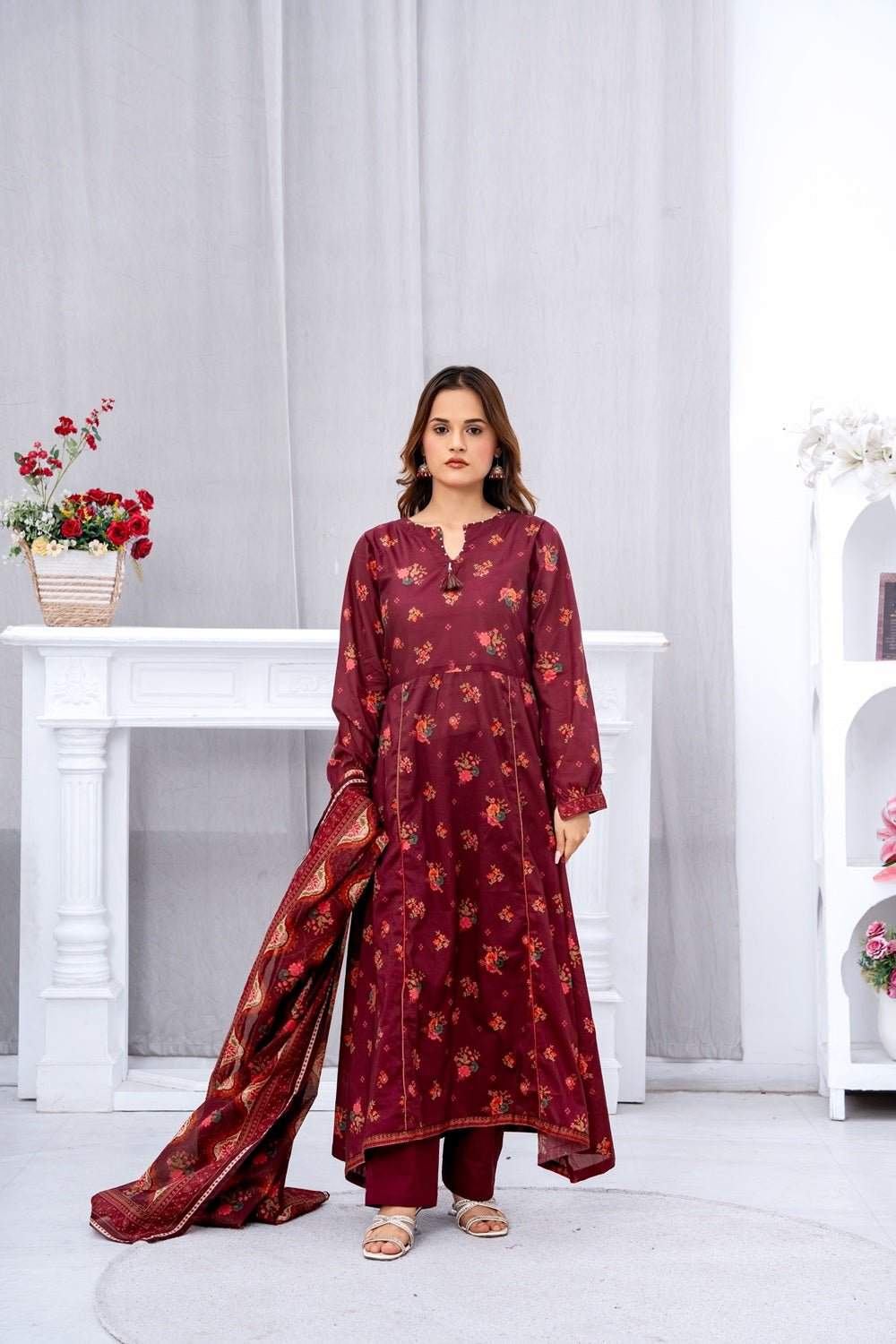 Royal Burgundy Floral Lawn Suit - Sami Fabrics