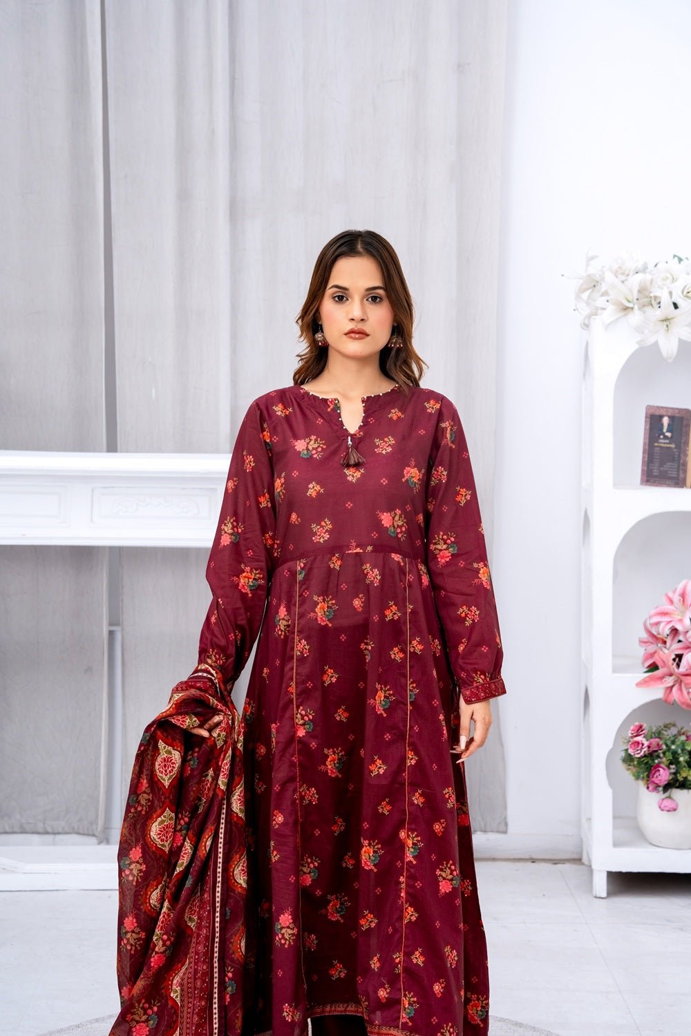 Royal Burgundy Floral Lawn Suit - Sami Fabrics